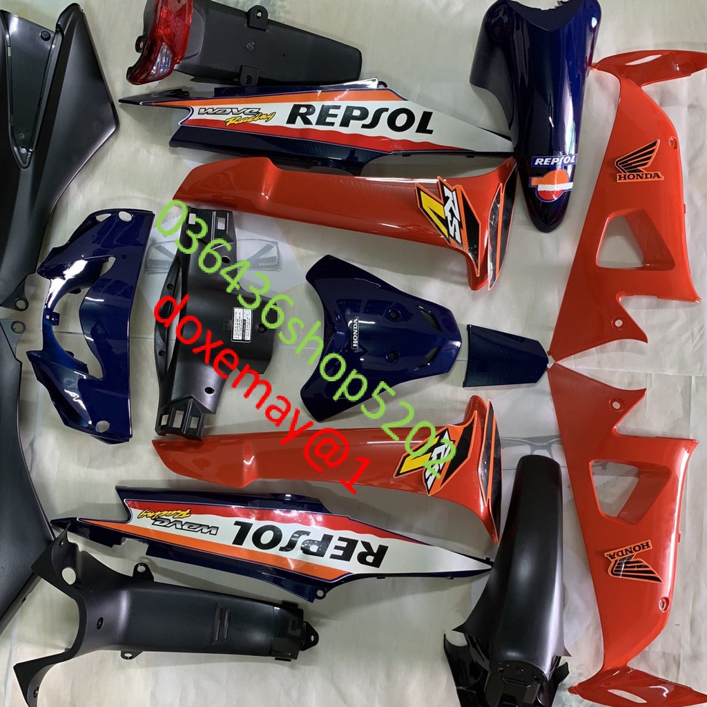 Bộ dàn áo xe wave RS -wave REPSOL MÀU xanh cam -wave S -wave 100 và 50cc -đời 2006 đến 2016
