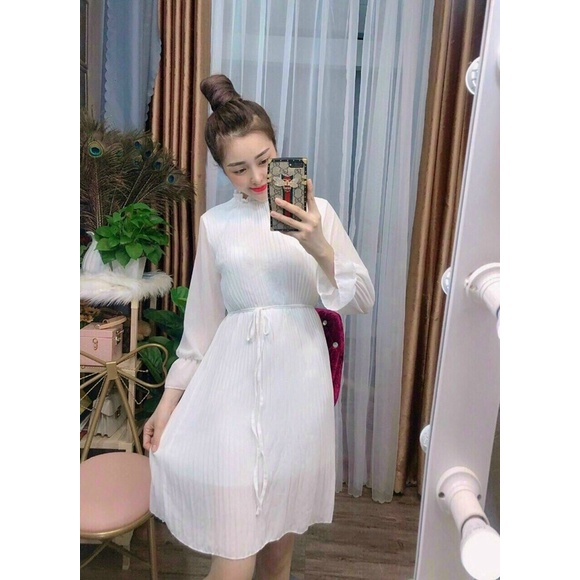 Đầm dập ly dáng suông tay dài cột eo siêu cưng -hình thật.