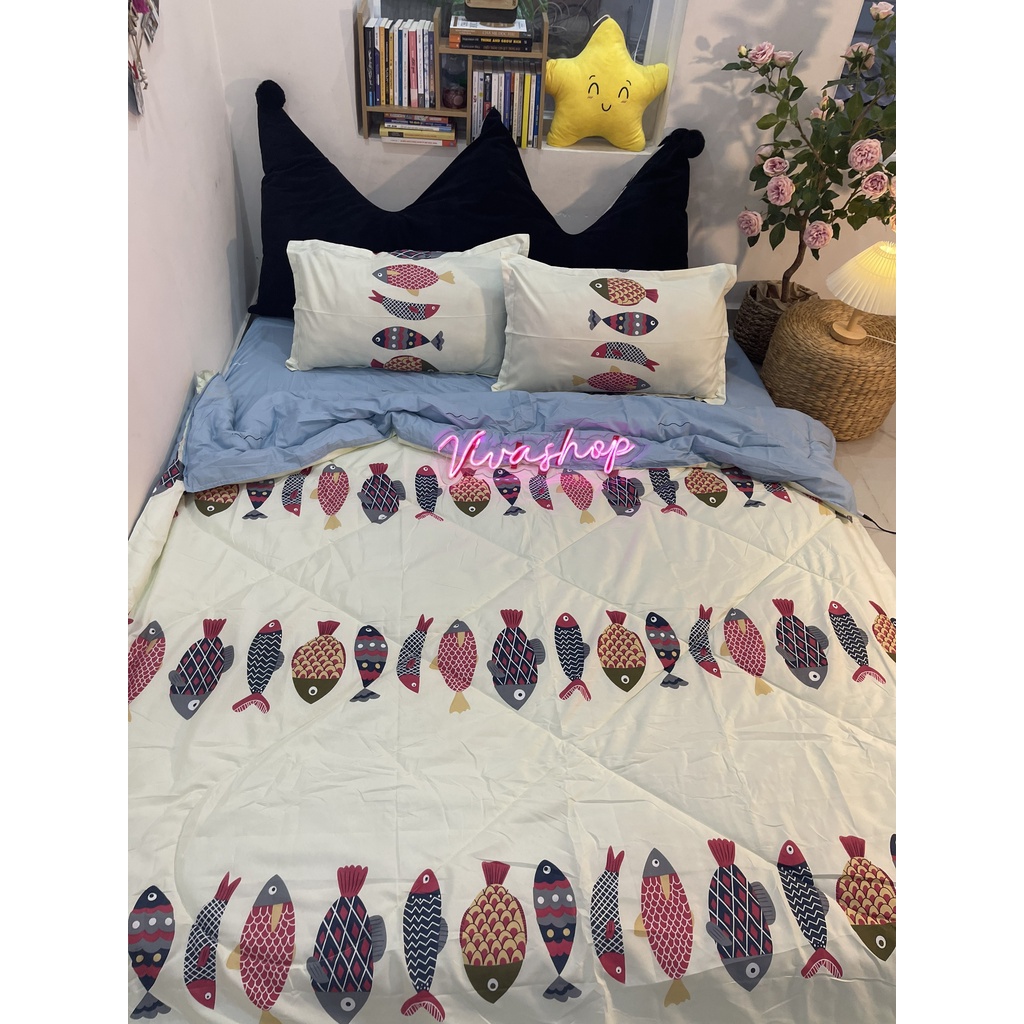 Full Set Bộ Ga giường Cotton Chần Bông Họa Tiết Cá Phối Trắng Xanh ((m2x2m - m8x2m))