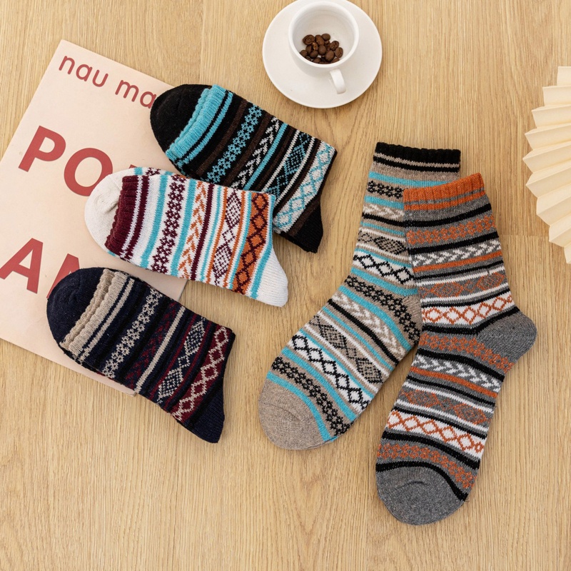 Set 5 Đôi Tất Len Dày Giữ Ấm Mùa Đông Họa Tiết Sọc Cho Nam