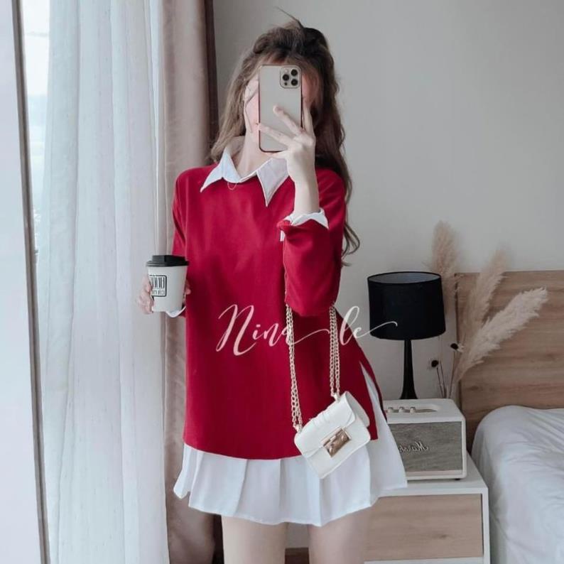 Set áo chân váy VAYO combo áo sơ mi trắng gile len đỏ và chân váy xếp ly thời trang nữ đẹp | BigBuy360 - bigbuy360.vn