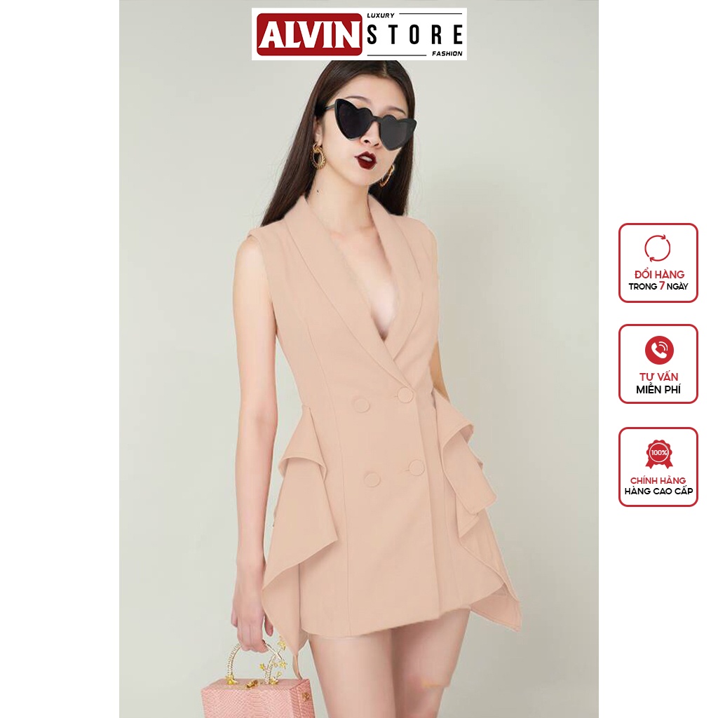 Đầm Dự Tiệc Ôm Body Chân Váy Chữ A Thiết Kế Cổ Vest Hiện Đại Phối Bèo Tùng Phong Cách Alvin Store 0013