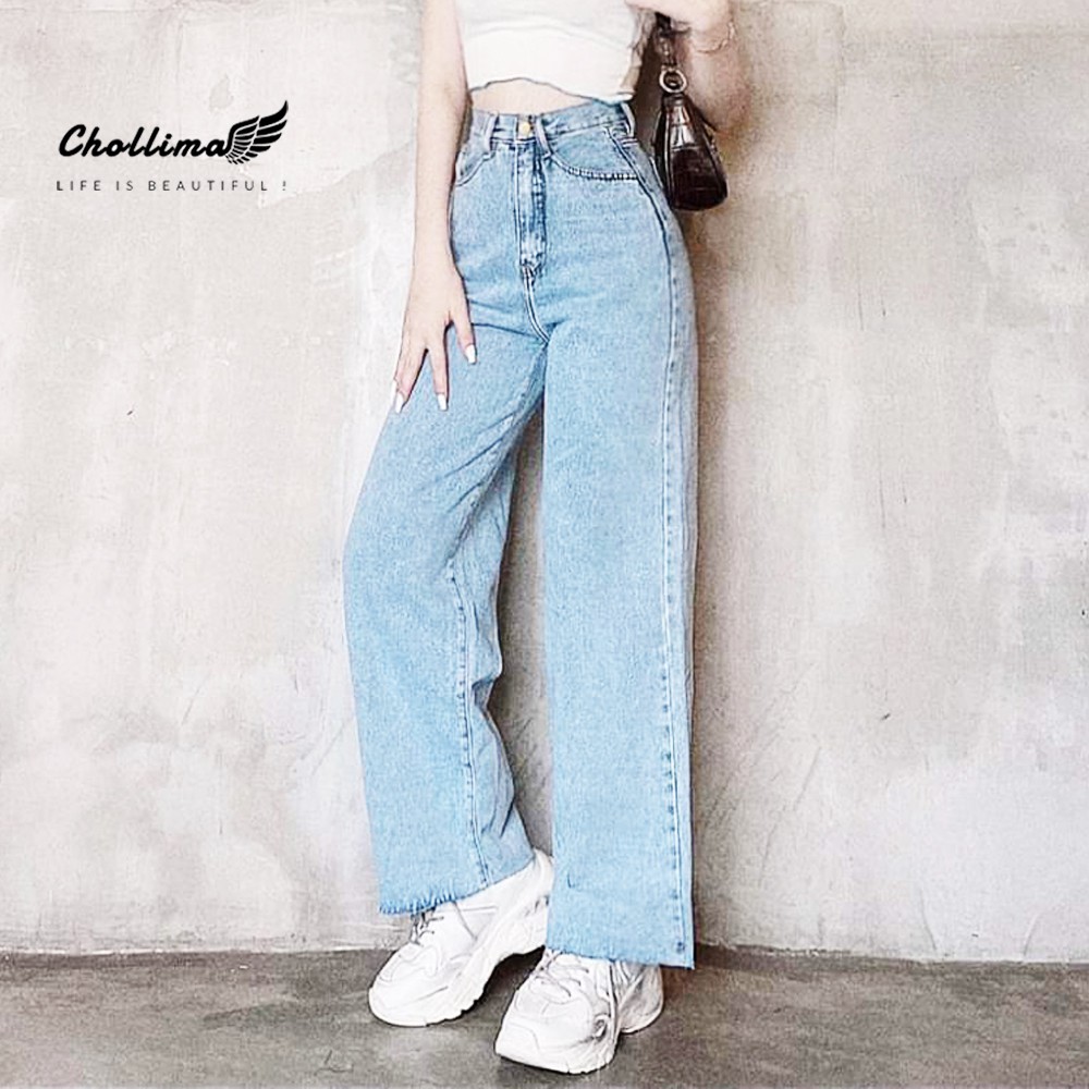 Quần baggy jeans nữ Chollima ống rộng SIMPLE JEAN tua lai dài 101cm QD040