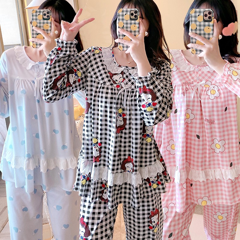 Bộ đồ ngủ dài tay kẻ sọc màu đen Casual plus fat plus size cotton nữ