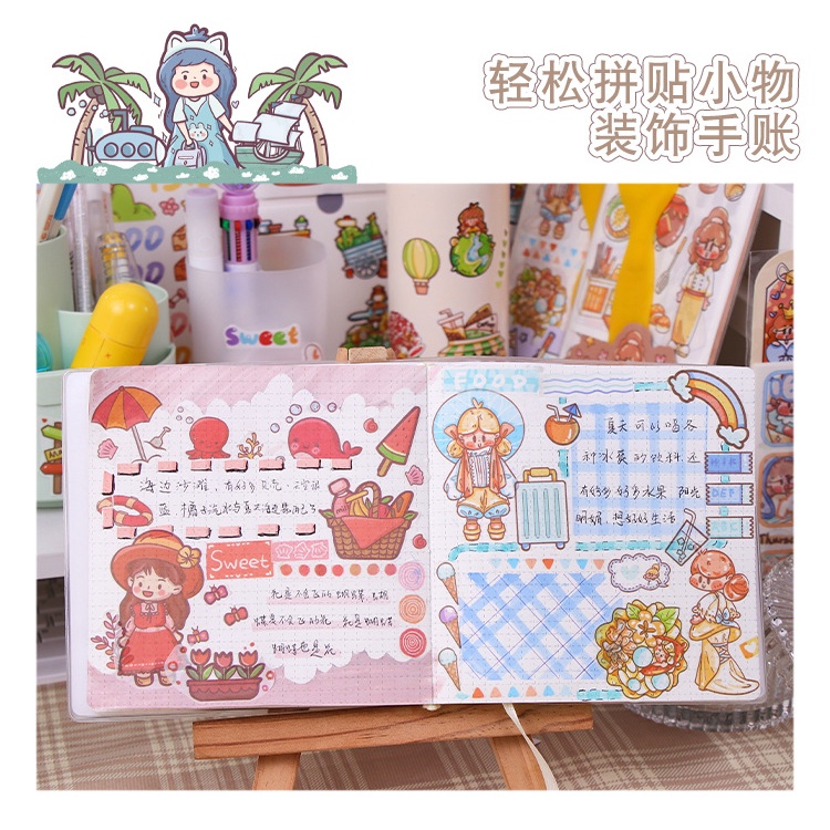 Set sticker cute hoạt hình 16 tấm tặng kèm dụng cụ hỗ trợ - Bộ 4 tấm sticker cô gái dễ thương nhiều chi tiết