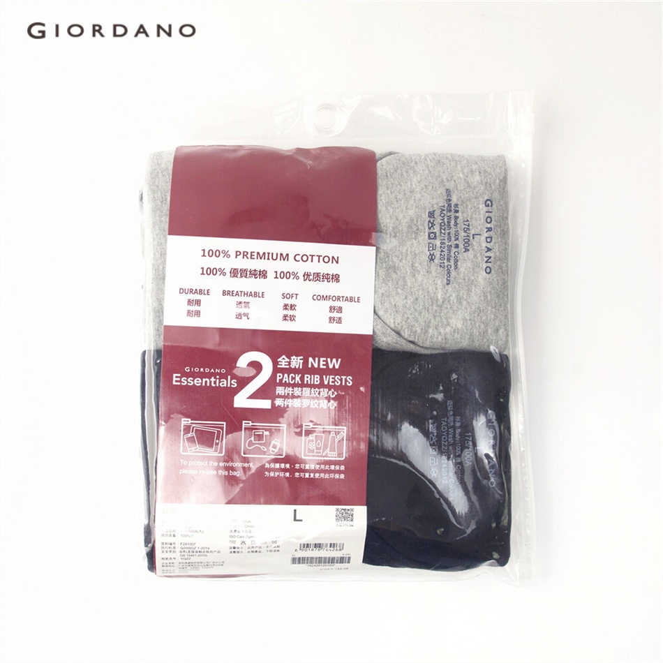 2 Áo ba lỗ GIORDANO 18242012 bằng cotton màu trơn cổ chữ U cho nam