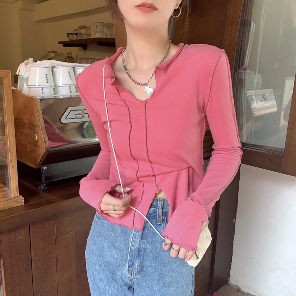 Áo Thun Tay Dài Cổ Chữ v Thiết Kế Mới Thời Trang Mùa Thu Cho Nữ