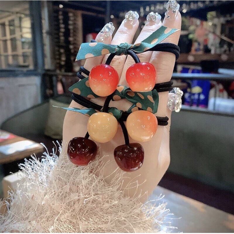 Dây Buộc Tóc Hình Quả Cherry Phối Nơ Thời Trang Xinh Xắn