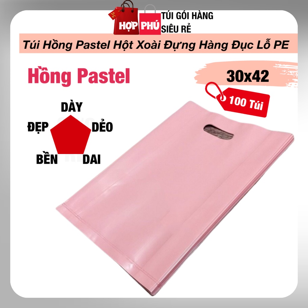 100 Túi Hột Xoài Hồng Pastel Đục Lỗ PE 30x42 cm Dày Dẻo Dai Bền - Túi Đựng Hàng Nilon Hợp Phú Cao Cấp Giá Rẻ