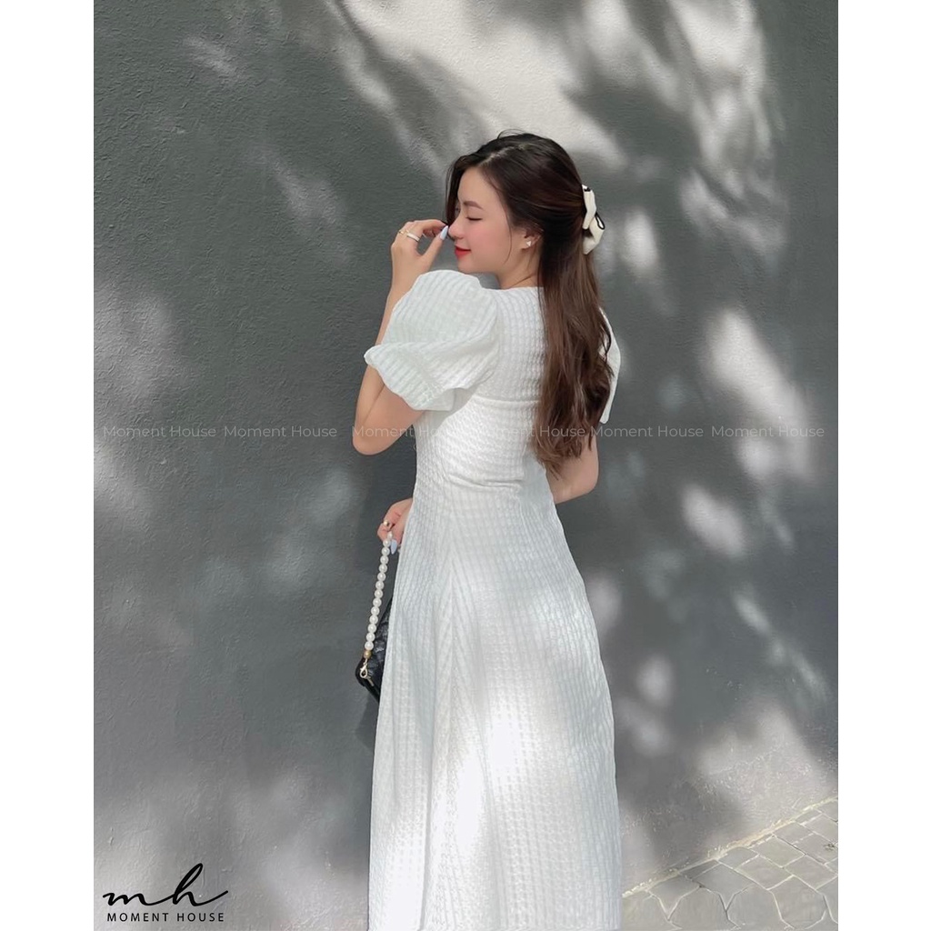 Đầm sợi thêu tay ngắn dáng dài xòe bồng phối nút bọc, hàng thiết kế may 2 lớp dày dặn, form lên chuẩn như hình (BOA)