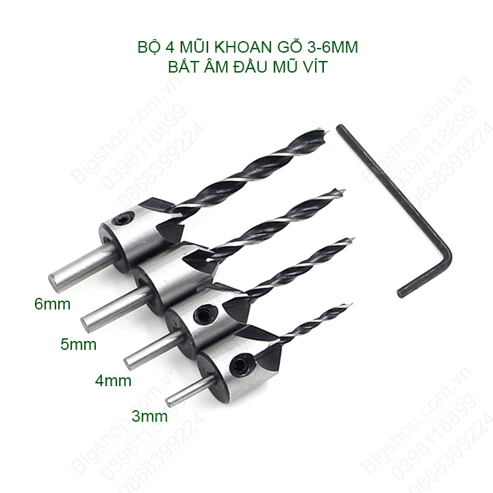 (Bigshop) Bộ 4 mũi khoan gỗ âm đầu mũ vít, kích thước từ 3-4-5-6mm