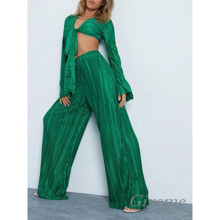 Set Áo Lửng Hai Dây Cổ V Sâu + Quần Dài Ống Rộng Thời Trang Nữ