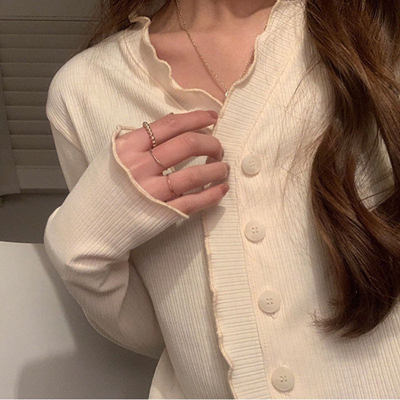 Áo Khoác Cardigan Dệt Kim Mỏng Cổ Chữ V Viền Gợn Sóng Phong Cách Hàn Quốc Thời Trang Mùa Hè Mới Cho Nữ
