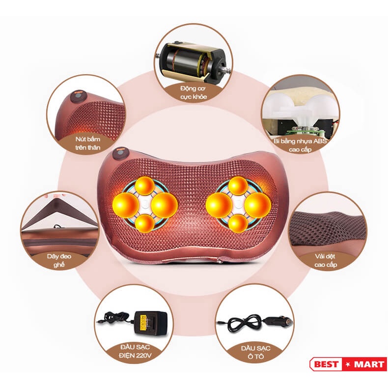 Gối massage hồng ngoại 8 bi 2 chiều cao cấp, chính hãng công nghệ Nhật Bản, bảo hành 5 năm A34, tặng sạc oto