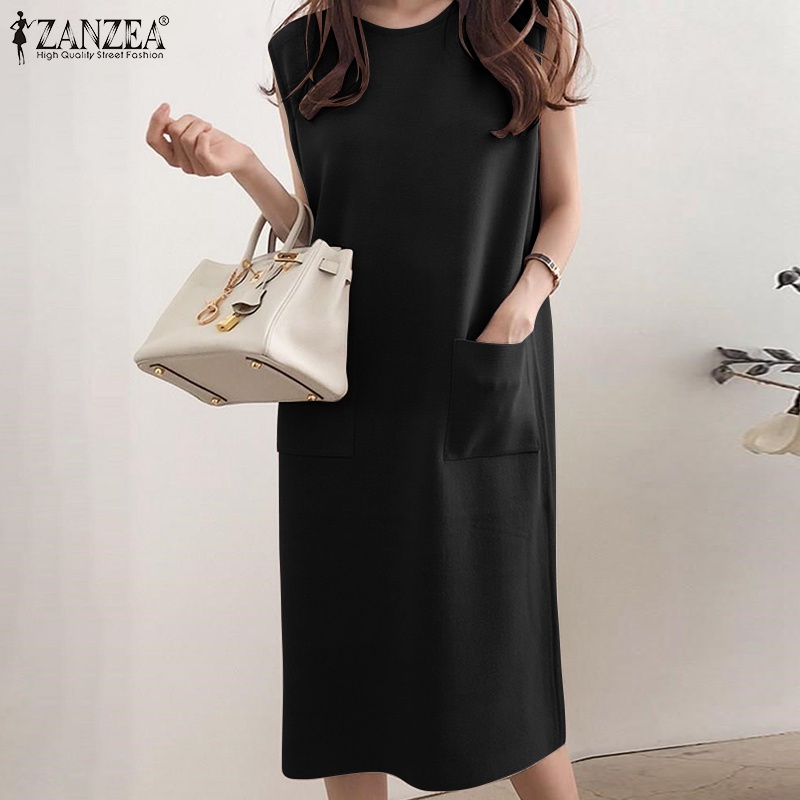 Đầm suông Zanzea không tay màu trơn có túi thời trang cá tính cho nữ