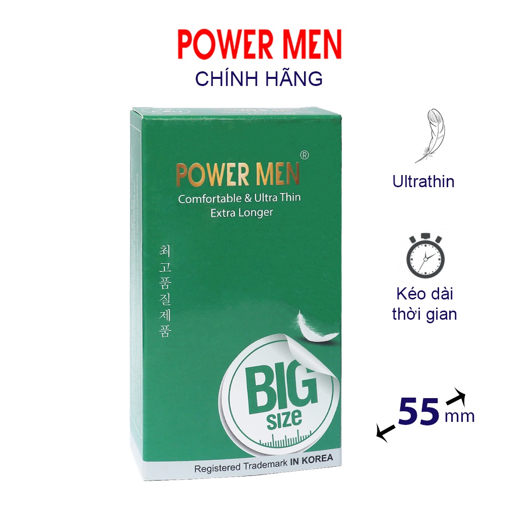 Bao cao su POWER MEN siêu mỏng, kéo dài size lớn 55mm, nhiều gel bôi trơn Hộp 12 bcs