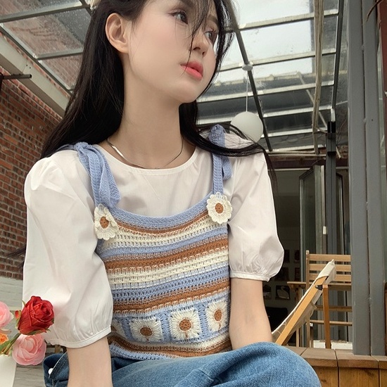 ZHELIHANGFEI Áo Croptop 2 Dây Len Móc Thêu hoa Đi Du Lịch
