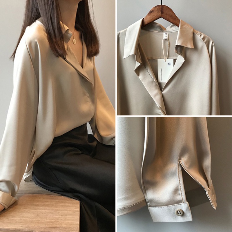 IELGY Áo Sơ Mi Lụa satin Mỏng Tay Dài Dáng Rộng Cổ Chữ v Thời Trang Cho Nữ