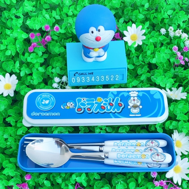 Bộ hộp đũa, muỗng, nĩa cán sứ Doremon Doraemon