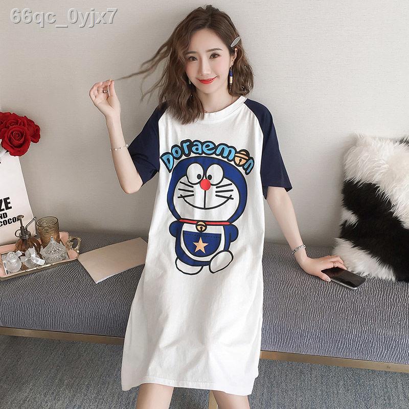 ✜⊕Bộ đồ ngủ kích thước lớn phụ nữ mùa hè ngắn tay dễ thương sinh viên hoạt hình mang thai váy ngọt