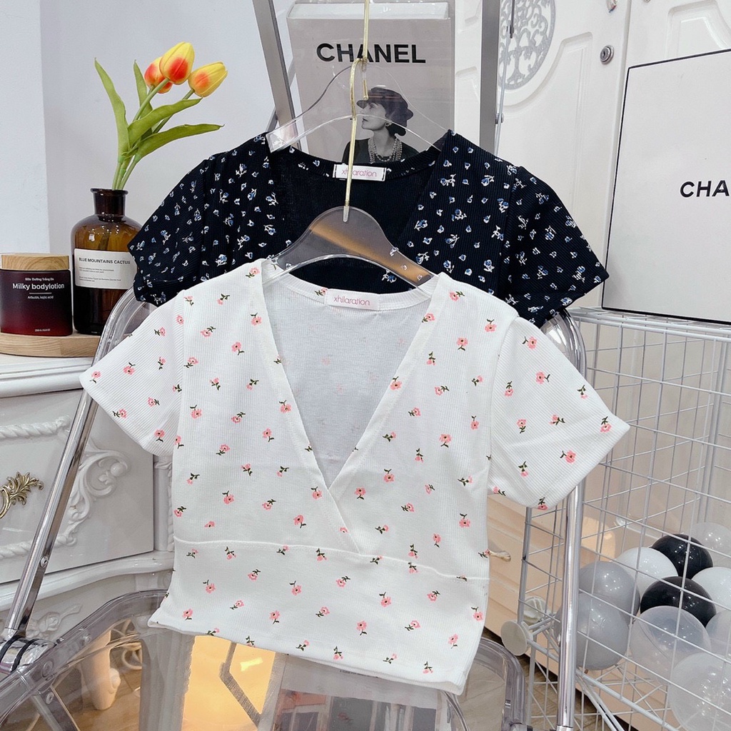 áo croptop in hoa nhí đắp chéo na