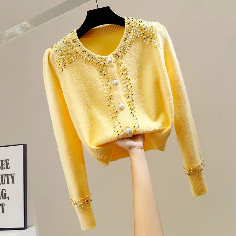 Áo Sweater Dệt Kim Dáng Ngắn Đính Hạt Nhiều Màu Sắc Dễ Phối Đồ Thời Trang Cho Nữ