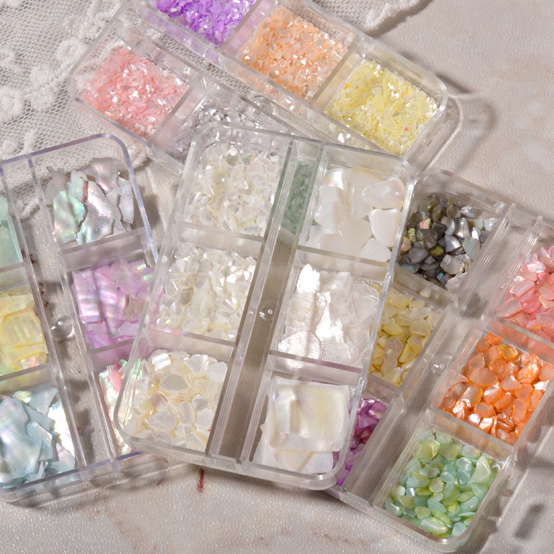 Hộp Đá Vỏ Sò 3D Nhiều Màu Sắc Dùng Trang Trí Móng Tay 6 Girds