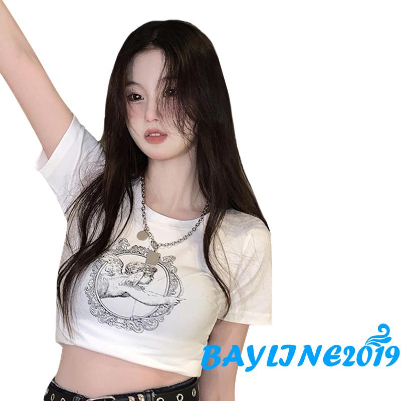 Áo Thun Croptop Tay Ngắn Cổ Tròn In Hình Thiên Thần Thời Trang Mùa Hè Cho Nữ