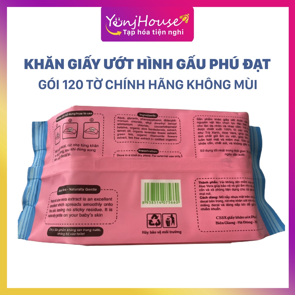 KHĂN GIẤY ƯỚT HÌNH GẤU PHÚ ĐẠT GÓI 120 TỜ CHÍNH HÃNG KHÔNG MÙI - YENJHOUSE