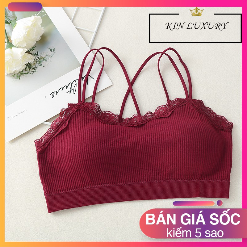 Áo bra nữ gân tăm phối ren hoa dây lưng đan chéo vải Cotton thoáng mát | BigBuy360 - bigbuy360.vn