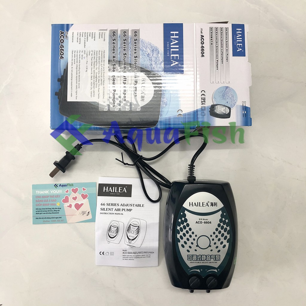 Máy Sủi Khí 2 Vòi HAILEA ACO-6604 (máy sục khí cho bể cá chạy siêu êm, tiết kiệm điện năng được tặng kèm 2 dây quả sủi)