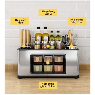 Tủ gia vị inox đa năng 3 trong 1, kệ cài dao, ống đũa nhà bếp tặng lọ đựng gia vị cao cấp