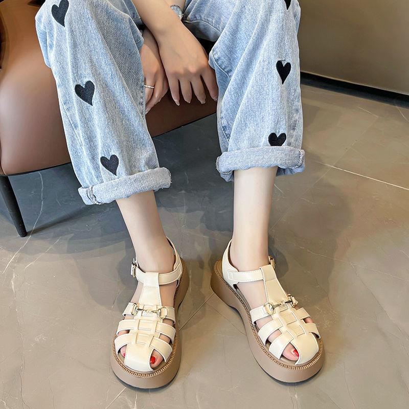 Giày Sandal Đế Xuồng Dày Hở Ngón Cài Khóa Kiểu La Mã Cổ Điển Cho Nữ