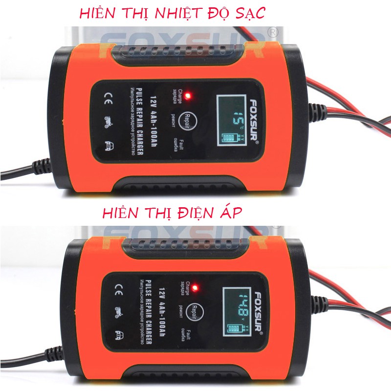 Sạc bình acquy 12V 4Ah-100Ah FOXSUR tự ngắt khi đầy chức năng bảo dưỡng phục hồi ắc quy bằng khử sunfat chống ngược cực