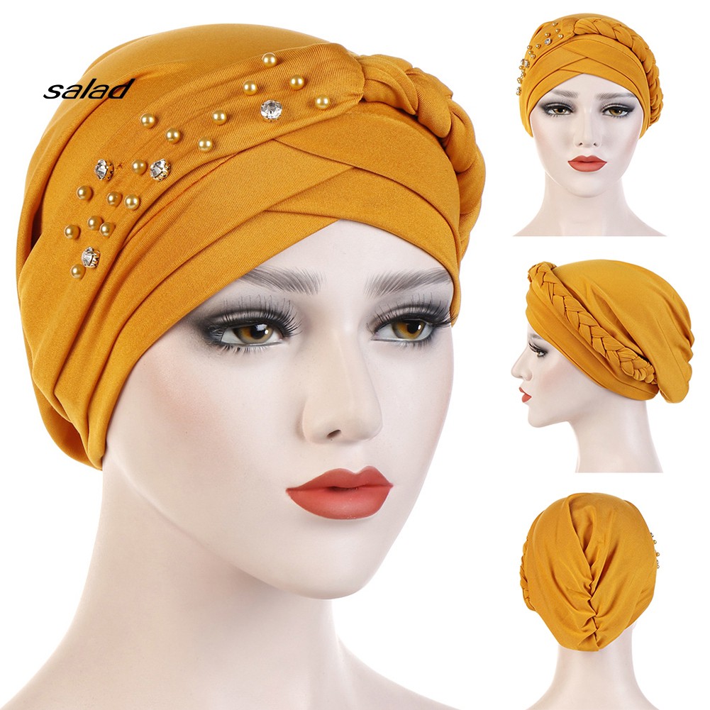 Mũ Turban Trùm Đầu Đính Hạt Màu Trơn Phong Cách Hồi Giáo Cho Nữ