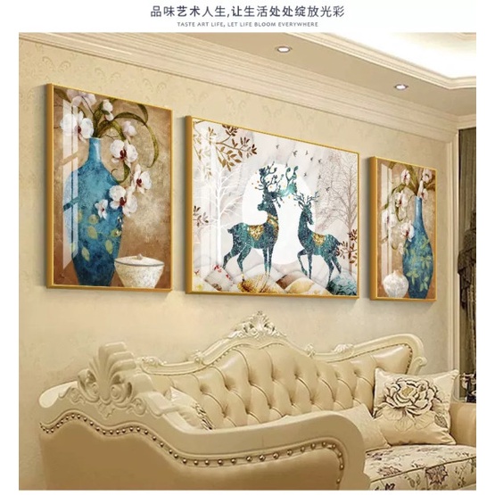 T42 Bộ 3 Tranh Tráng Gương Treo Tường Phòng Khách Hươu / nai Phú Quý / Phòng Ngủ Chim Công Và Bình Hoa