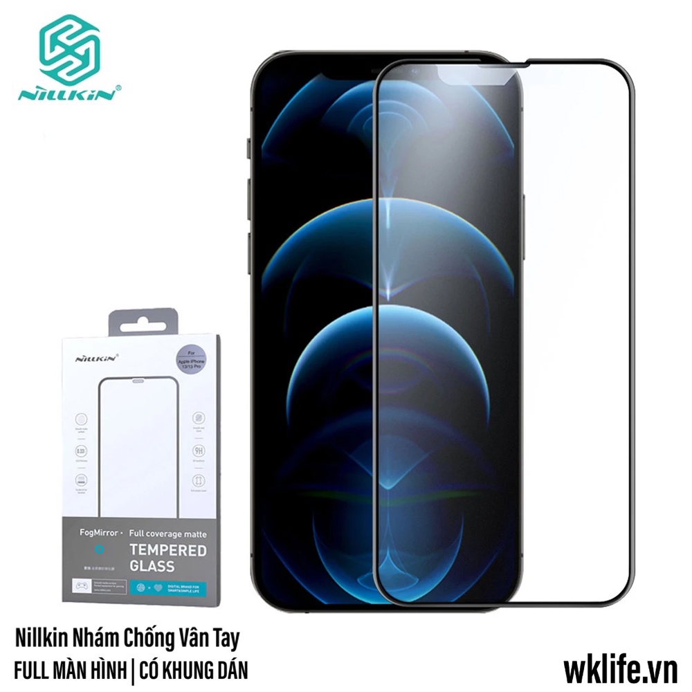 Cường Lực Nhám Chống Vân Tay Nillkin FogMirror Cho 12 / 13 Pro Max Có Khung Dán