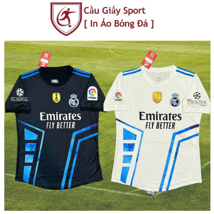 Bộ Quần Áo Bóng Đá Real Madrid Đen & Trắng Thun Thái ( Hỗ Trợ In Áo)
