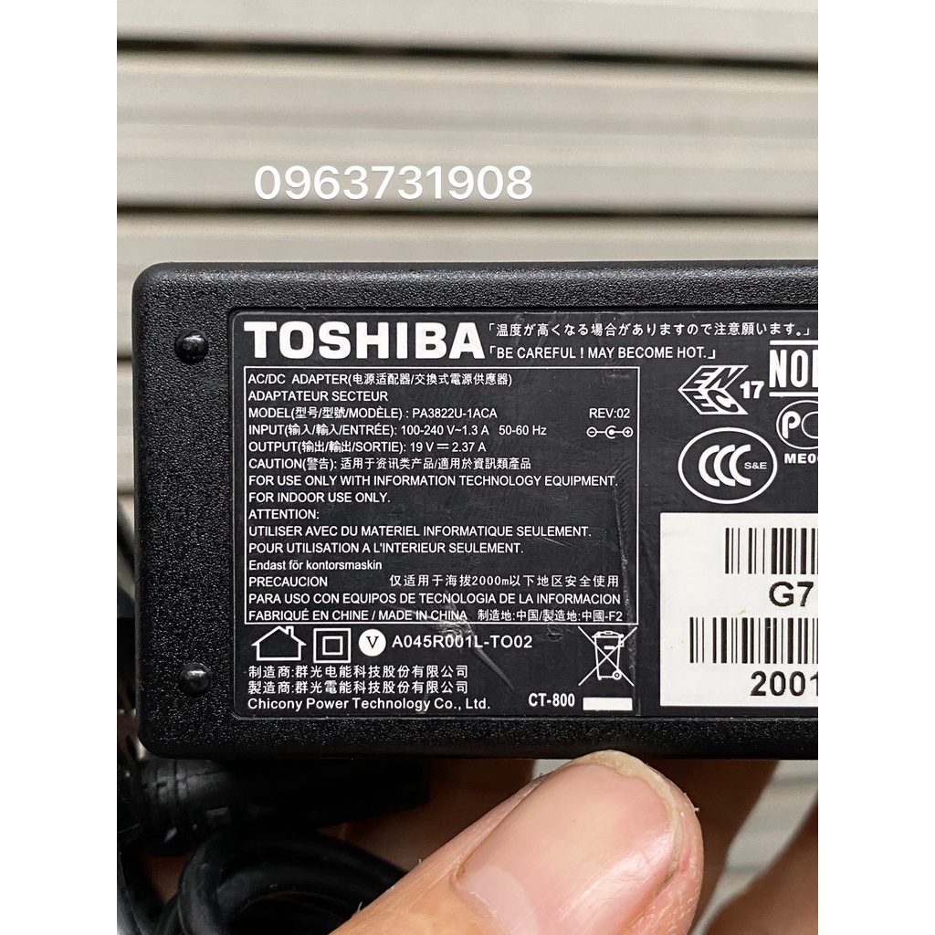 Sạc laptop 19V 2.37A 45W dùng cho các mãToshiba: Satellite C655D-S5200, PSC0YU-018001, Satellite C655D-S5226, PSC0YU-013