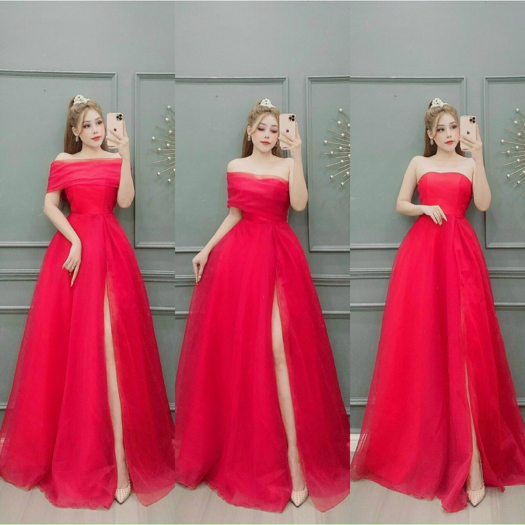 Đầm váy dạ hội, cô dâu đi bàn, mặc được 3 kiểu, voan xốp kèm lót, hở tà