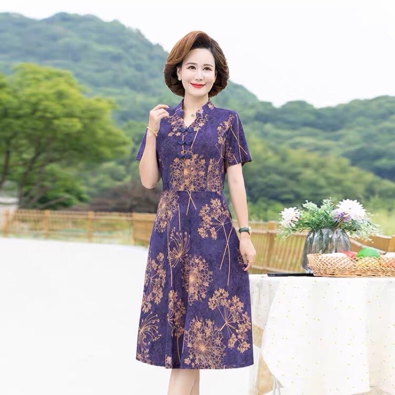 Đầm trung niên nữ cổ tàu bigsize u40 u50, váy dự tiệc sang trọng cho bà và mẹ, váy trung tuổi đi chơi
