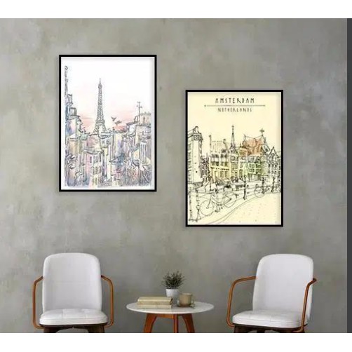 Bộ 2 tranh canvas thành phố vẽ