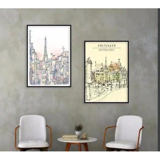 Bộ 2 tranh canvas thành phố vẽ