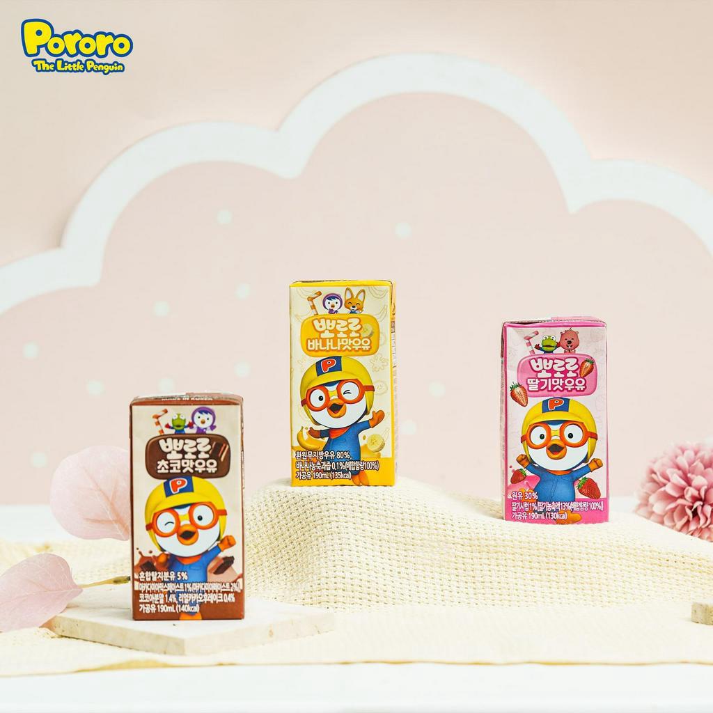 Sữa Dinh Dưỡng Pororo Hàn Quốc Vị Chuối/ Dâu/ Socola, Sữa Đạu Nành Pororo Hộp 190ml