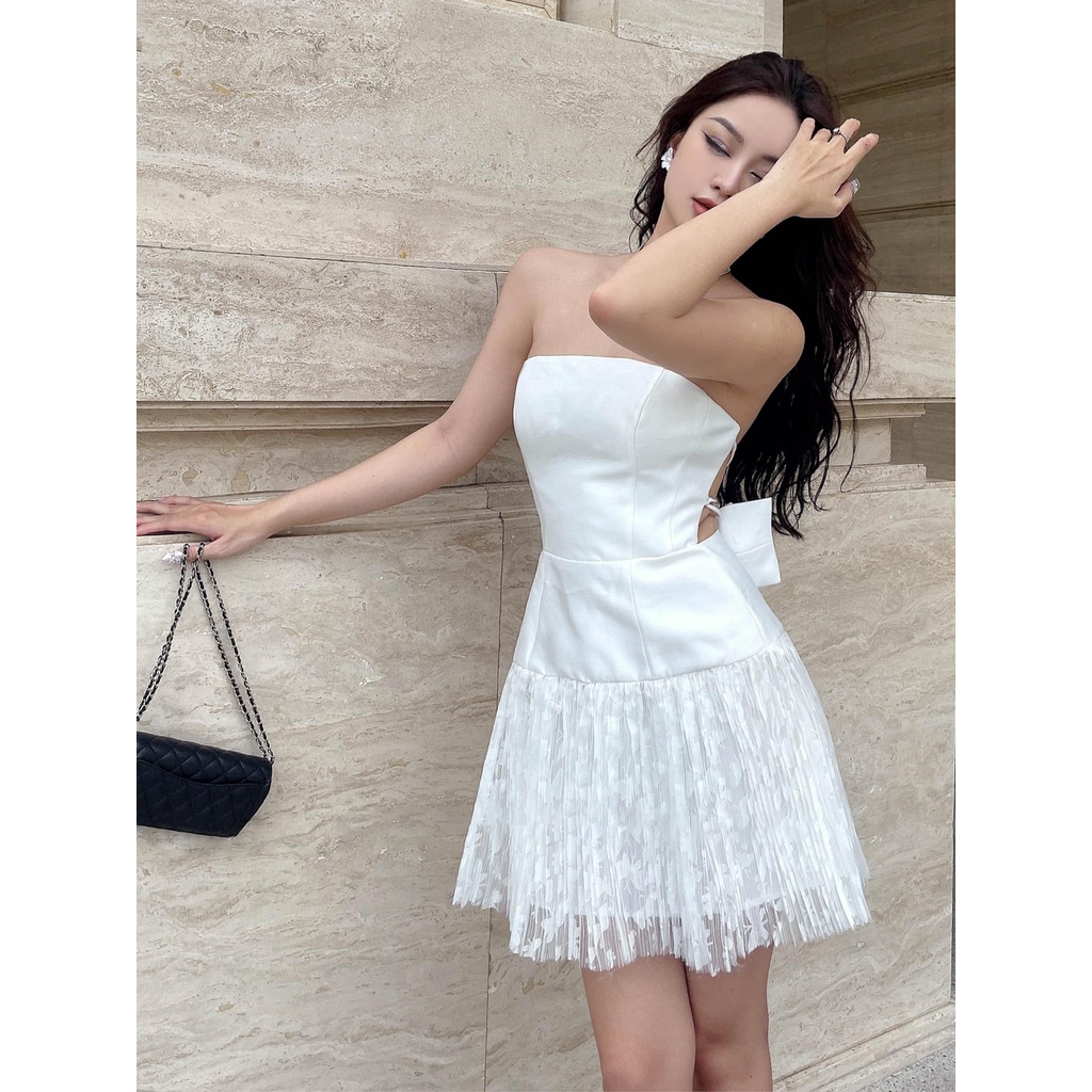 Đầm ren đi dự tiệc cưới thiết hở lưng, đan dây, cúp ngực, dáng xòe thiết kế sexy