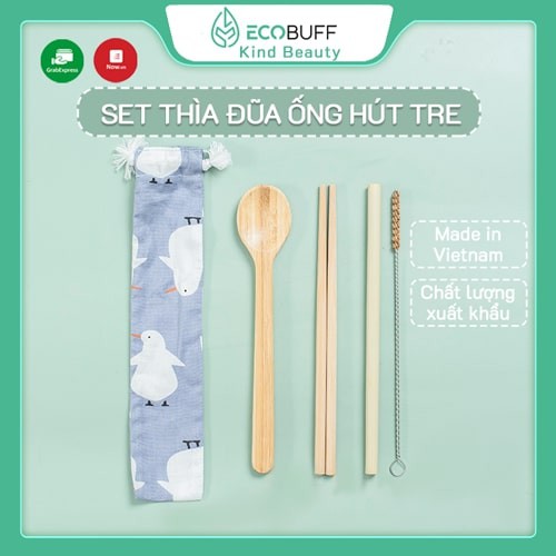 Set thìa đũa ống hút gỗ tre tái sử dụng kèm túi vải thân thiện với môi trường - Made in Vietnam | Ecobuff