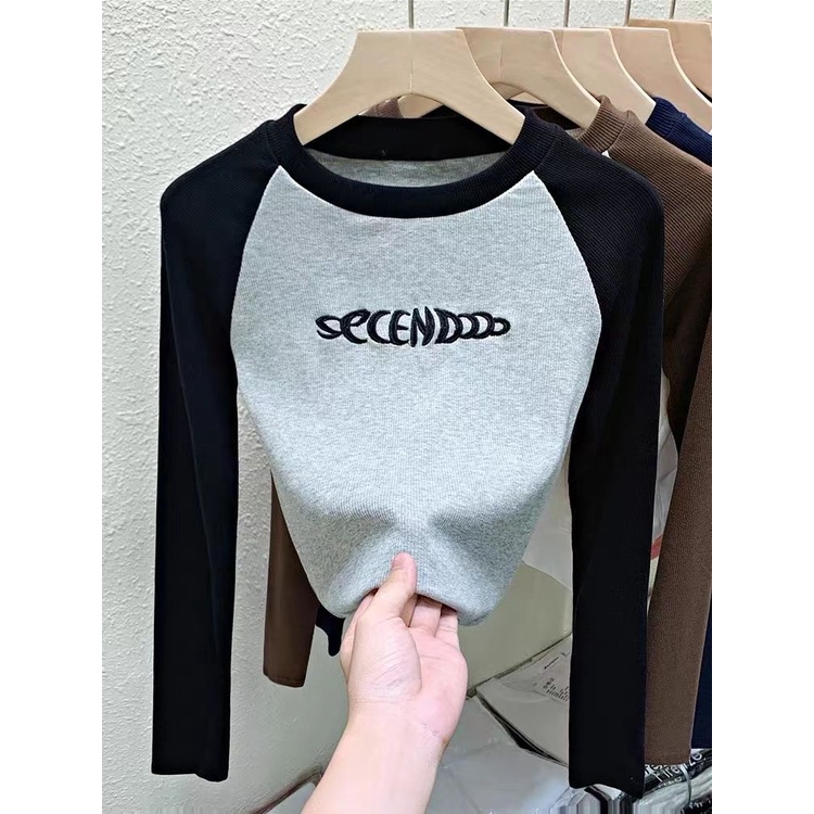 Jiashucheng Áo Thun Tay Dài Dáng Ôm Thêu Họa Tiết Màu Sắc Tương Phản Thời Trang Xinh Xắn Cho Nữ