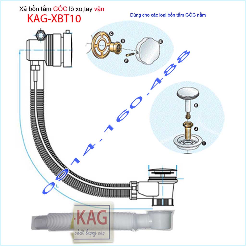 Xả bồn tắm góc KAG-XBT10 -nhựa, Bộ xả vặn bồn tắm nằm siêu bền dùng cho bồn góc 90cm-1,2m-1,5m-1.6m