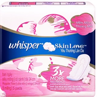 Băng Vệ Sinh Whisper skinlove ngày 24cm - 5 miếng / đêm 28cm- 8 miếng