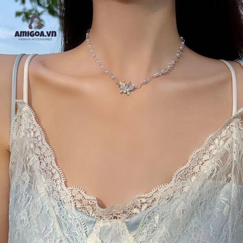 ✨✨Vòng cổ xỏ hạt ngọc trai giả mặt hình bươm bướm kiểu Hàn Quốc thời trang cho nữ